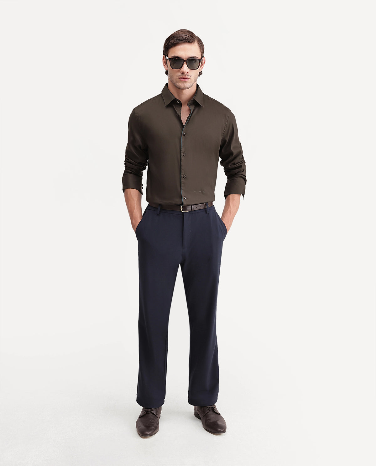 Rare Rabbit Men's Rhine Dark Brown Tencel Spread Collar Regular Fit Plain Shirt