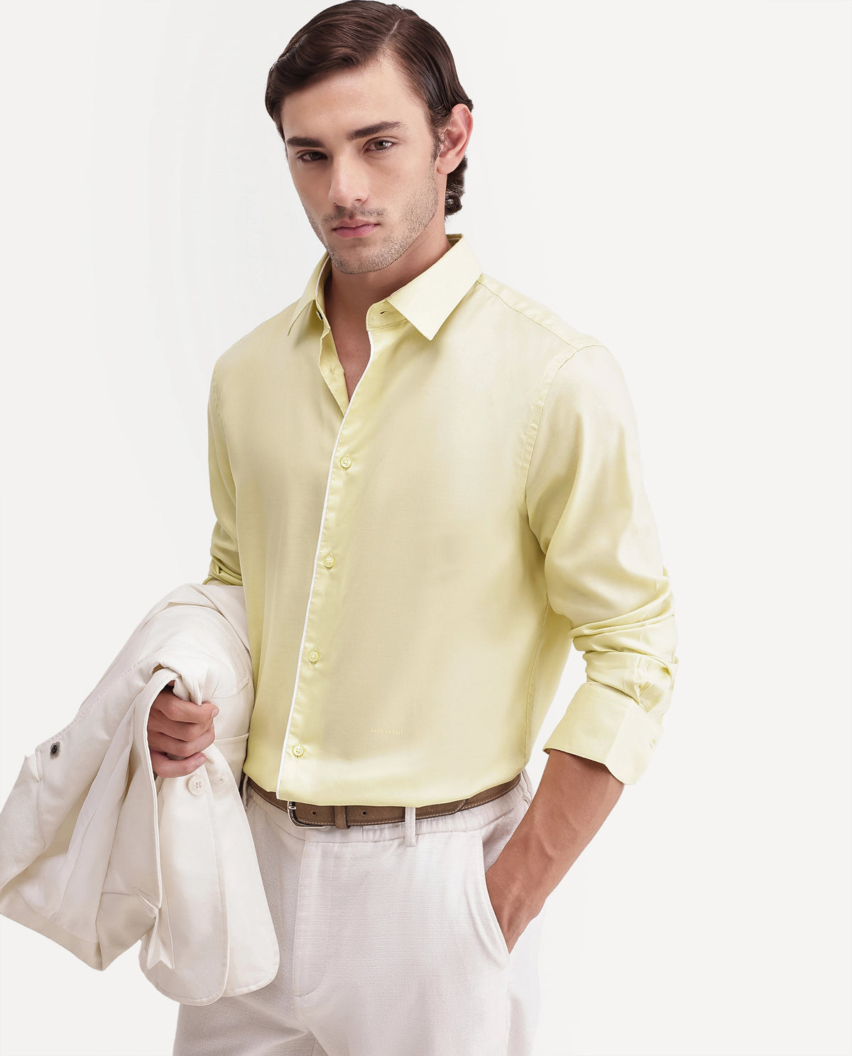 Rare Rabbit Men's Rhine Light Yellow Tencel Spread Collar Regular Fit Plain Shirt
