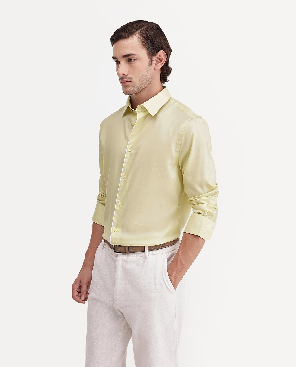 Rare Rabbit Men's Rhine Light Yellow Tencel Spread Collar Regular Fit Plain Shirt