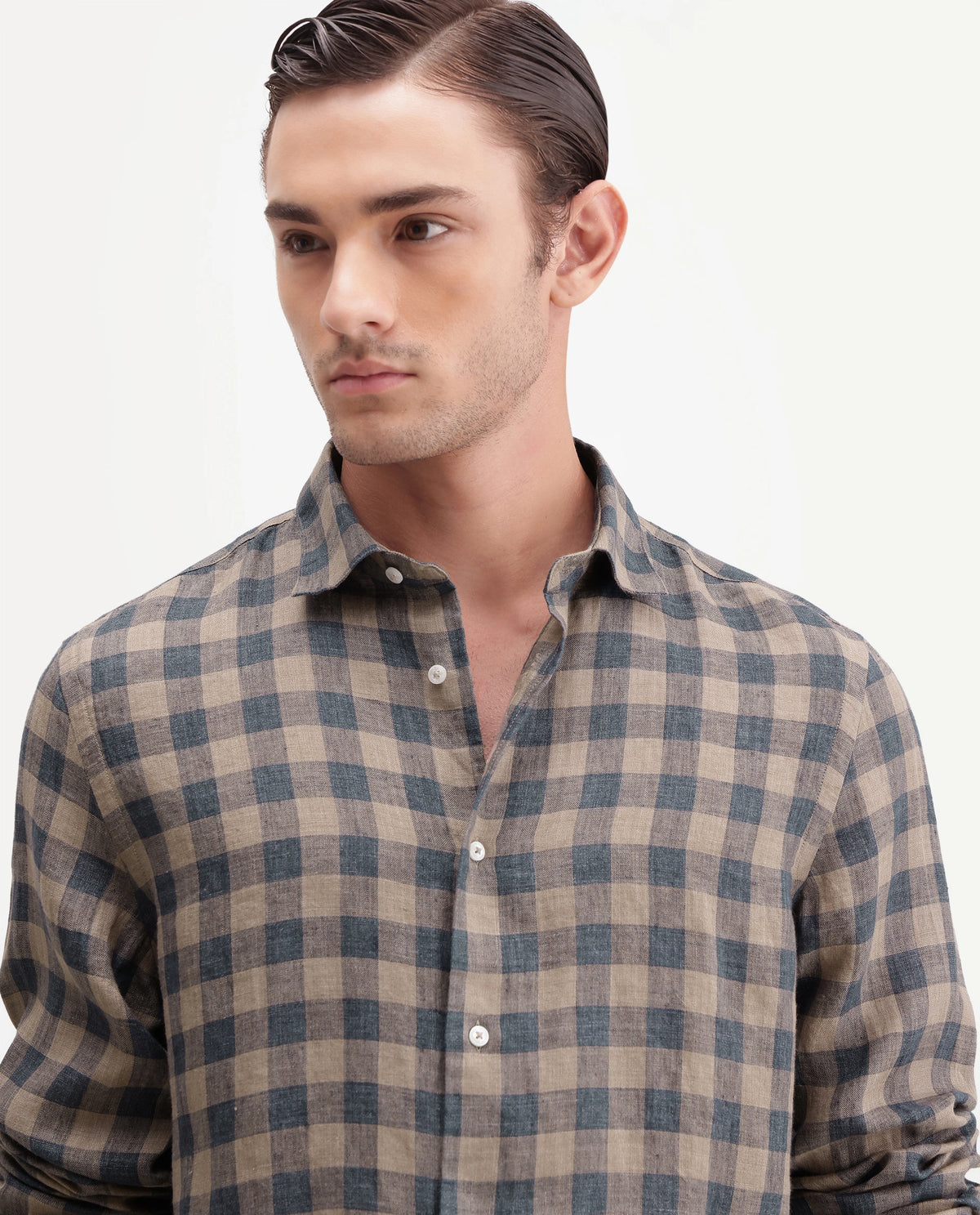 Rare Rabbit Men's Franz Beige 100% Linen Spread Collar Regular Fit Checked Shirt
