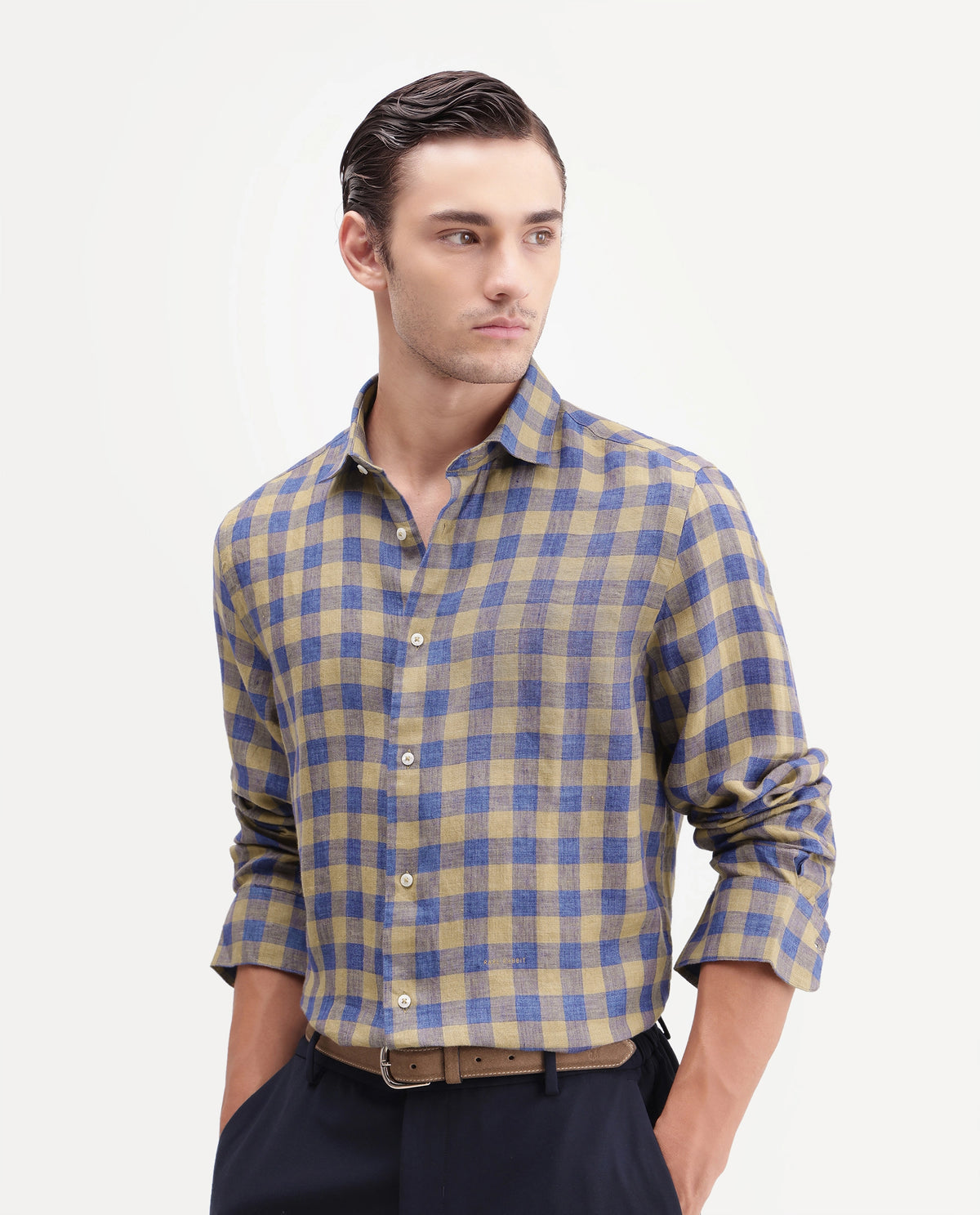 Rare Rabbit Men's Franz Khaki 100% Linen Spread Collar Regular Fit Checked Shirt