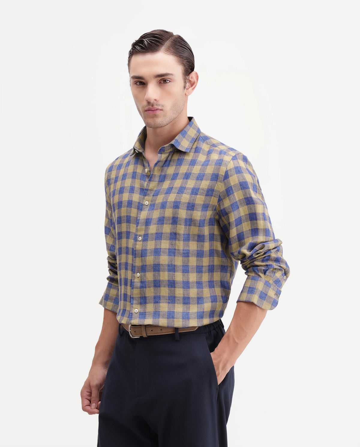Rare Rabbit Men's Franz Khaki 100% Linen Spread Collar Regular Fit Checked Shirt