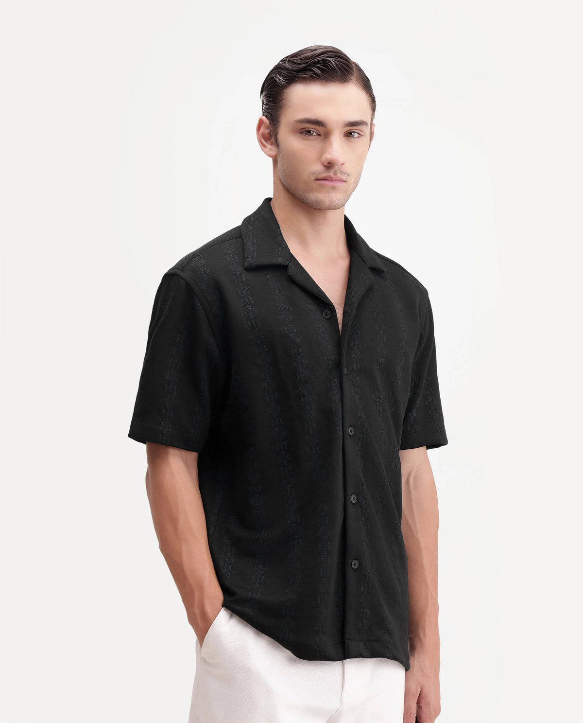 Rare Rabbit Men's Morse Black Cotton Blend Spread Collar Regular Fit Jacquard Shirt