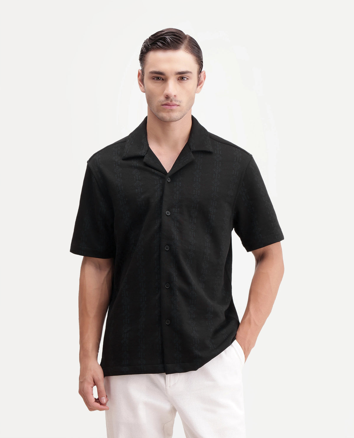 Rare Rabbit Men's Morse Black Cotton Blend Spread Collar Regular Fit Jacquard Shirt
