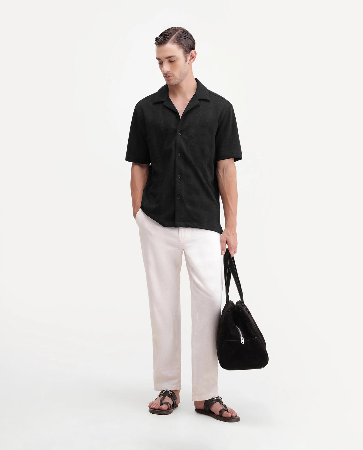 Rare Rabbit Men's Morse Black Cotton Blend Spread Collar Regular Fit Jacquard Shirt