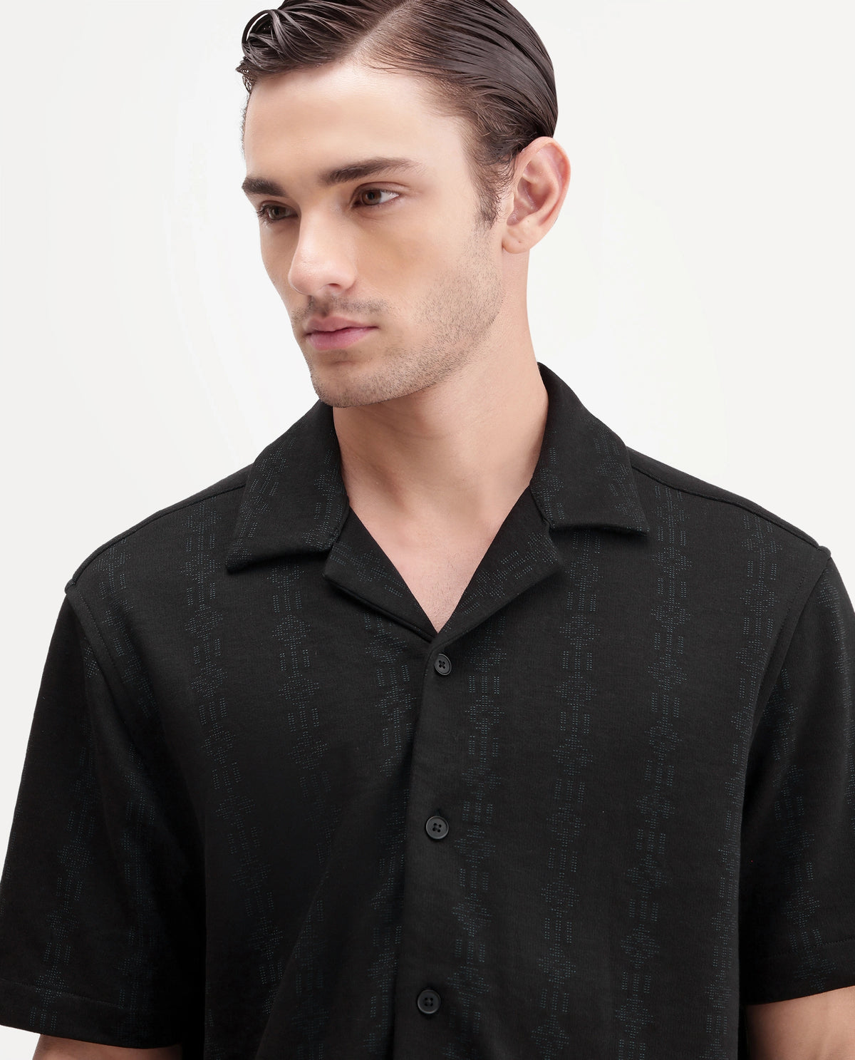 Rare Rabbit Men's Morse Black Cotton Blend Spread Collar Regular Fit Jacquard Shirt