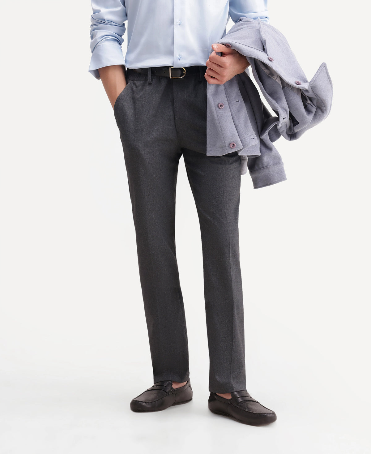 Rare Rabbit Men's Bevon Dark Grey Polyester Blend Regular Fit Plain Trouser