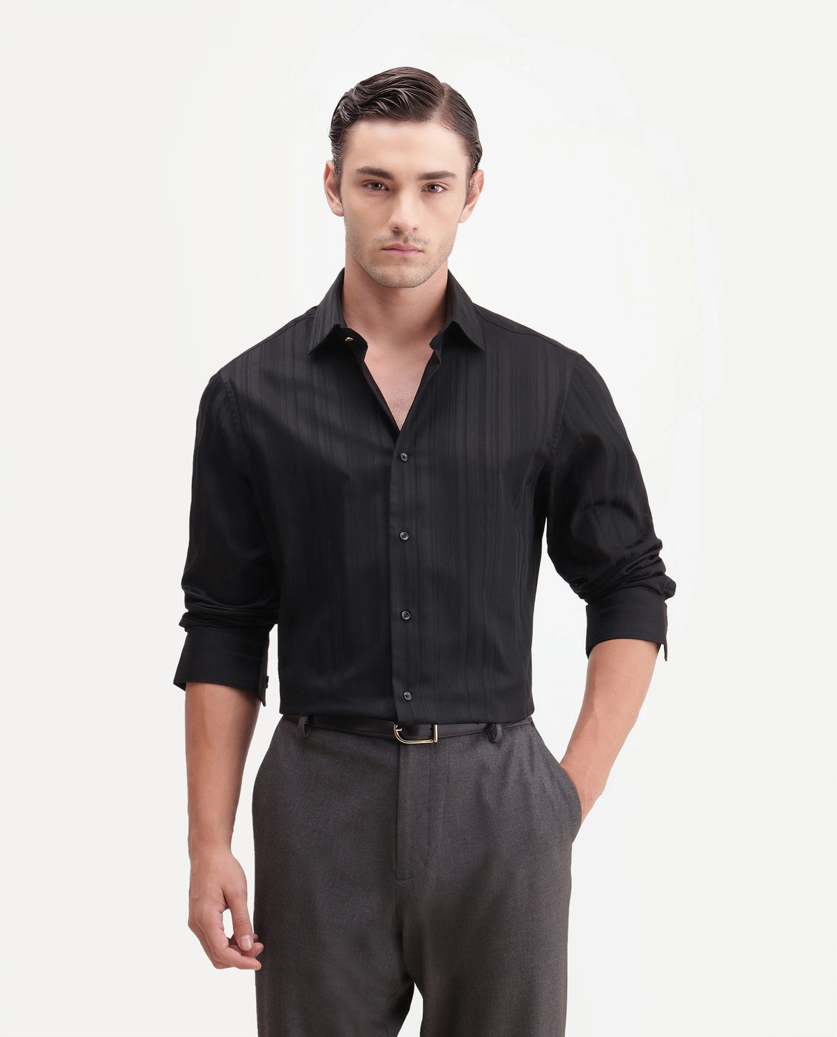 Rare Rabbit Men's Gory Black Cotton Spread Collar Regular Fit Plain Shirt
