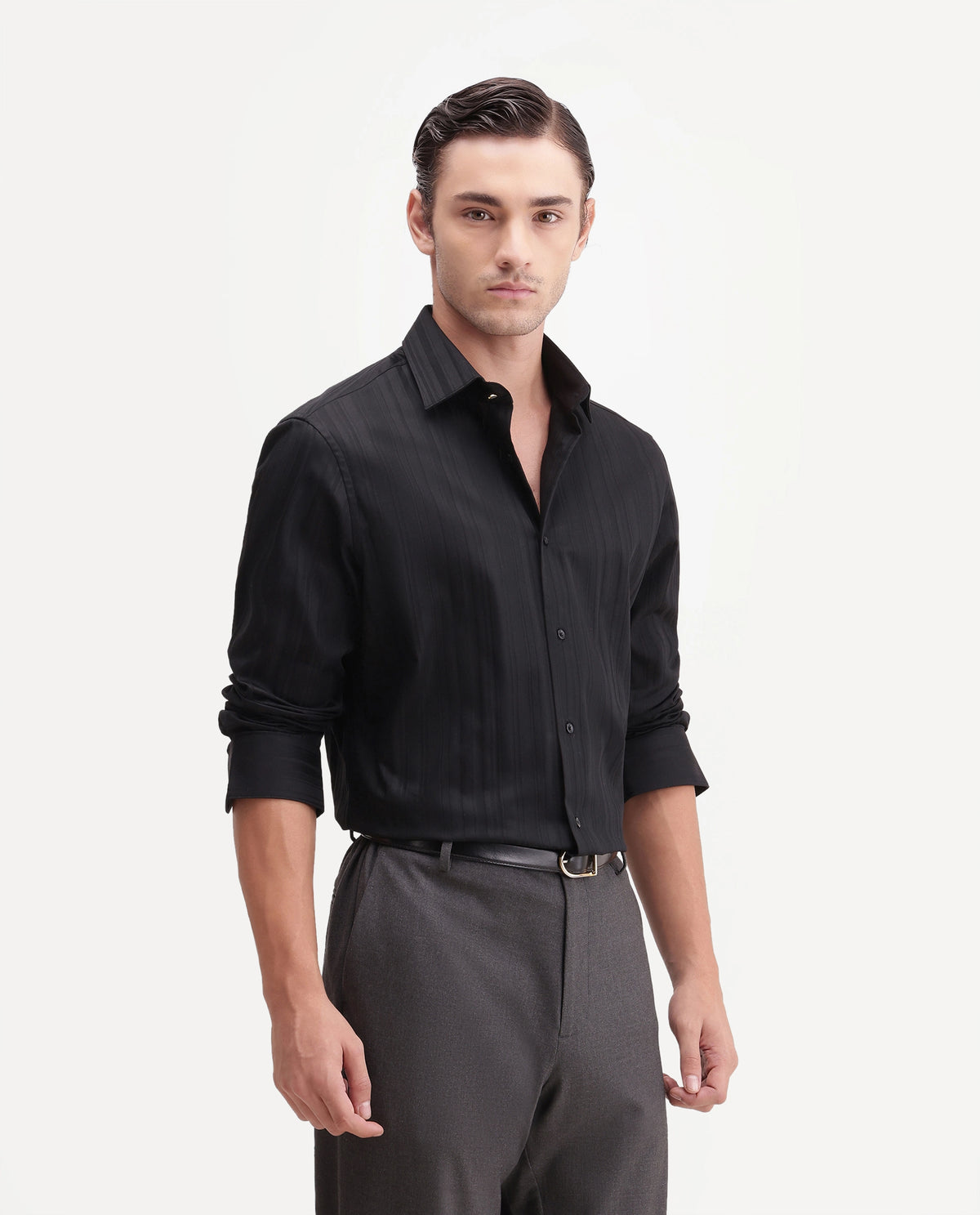 Rare Rabbit Men's Gory Black Cotton Spread Collar Regular Fit Plain Shirt