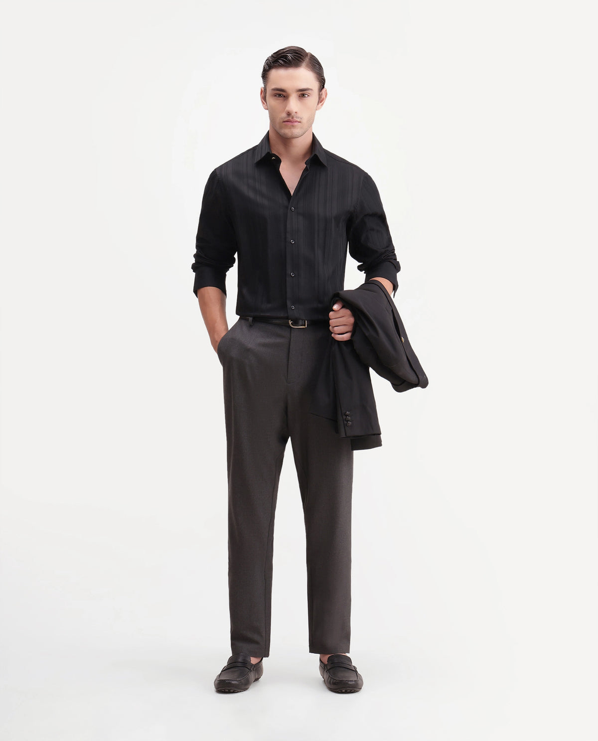 Rare Rabbit Men's Gory Black Cotton Spread Collar Regular Fit Plain Shirt