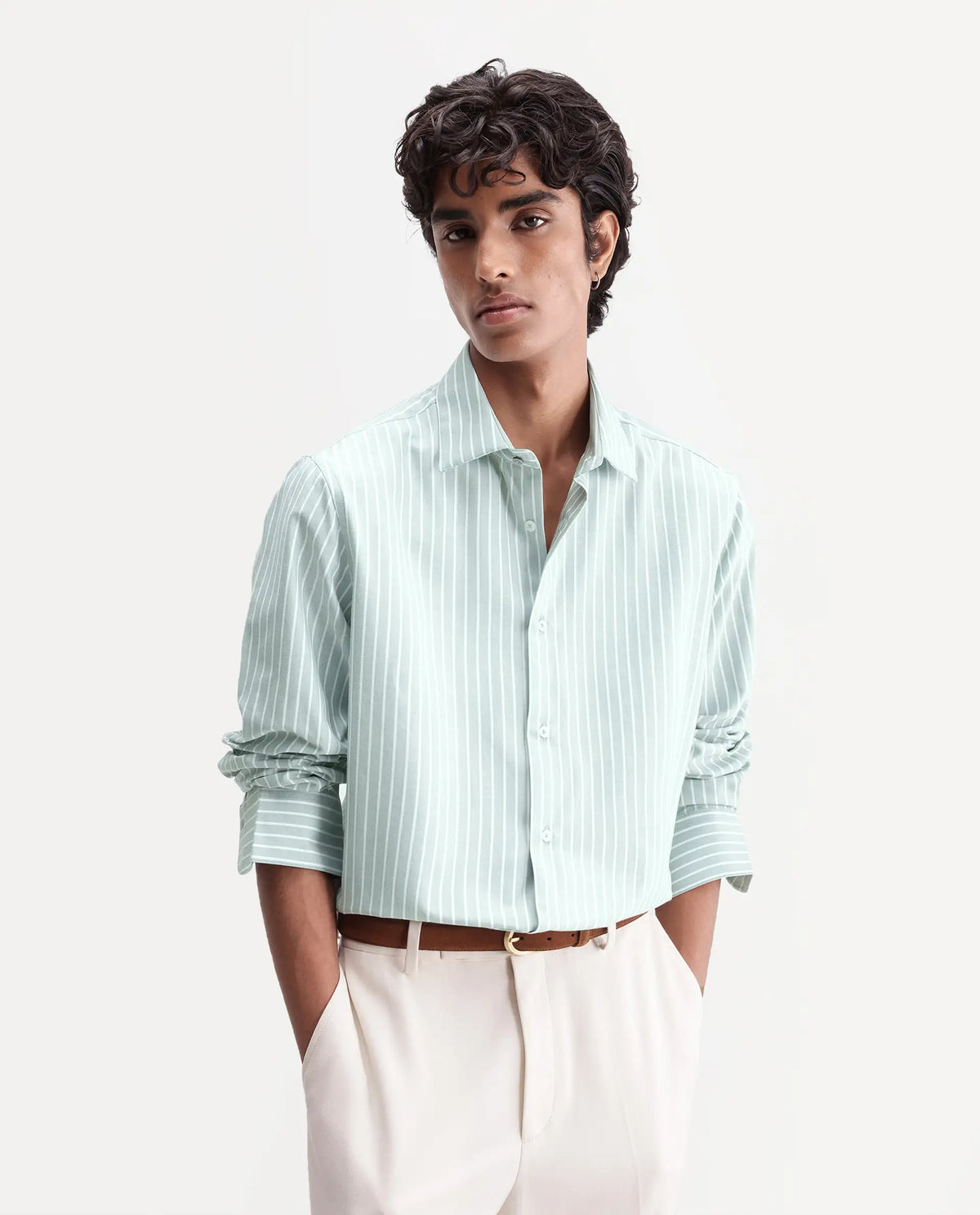 Rare Rabbit Men's Orven Primary Green Cotton Blend Spread Collar Button Regular Striped Shirt