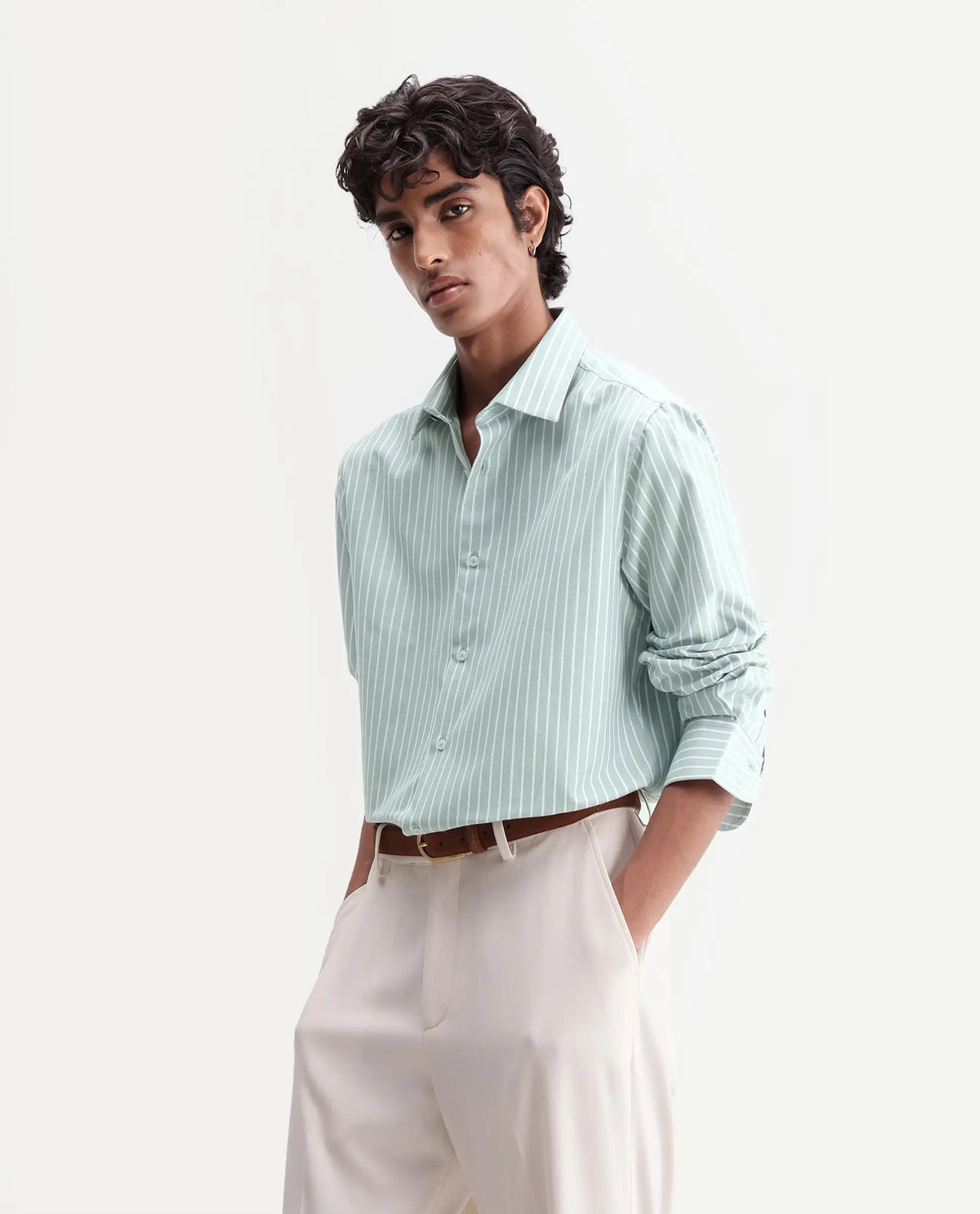 Rare Rabbit Men's Orven Primary Green Cotton Blend Spread Collar Button Regular Striped Shirt