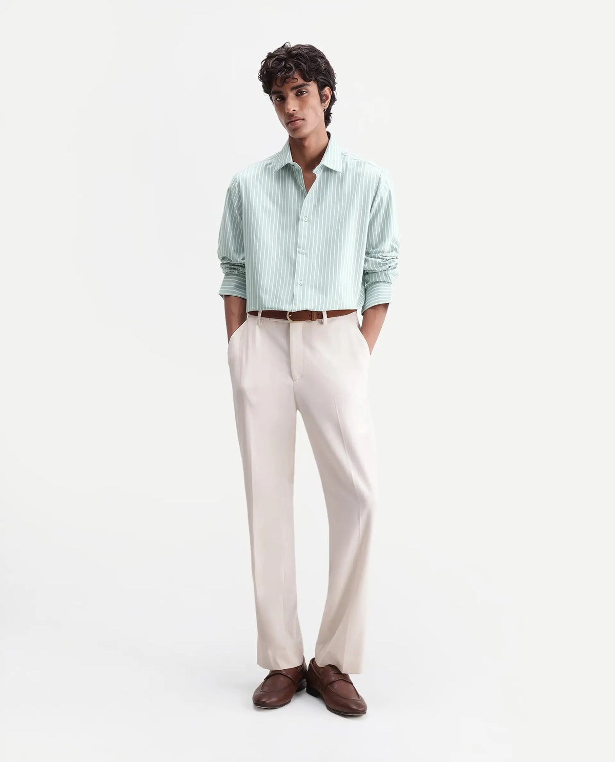 Rare Rabbit Men's Orven Primary Green Cotton Blend Spread Collar Button Regular Striped Shirt