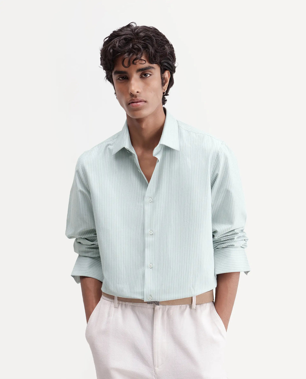 Rare Rabbit Men's Evaro Dusky Green Cotton Blend Spread Collar Button Regular Striped Shirt