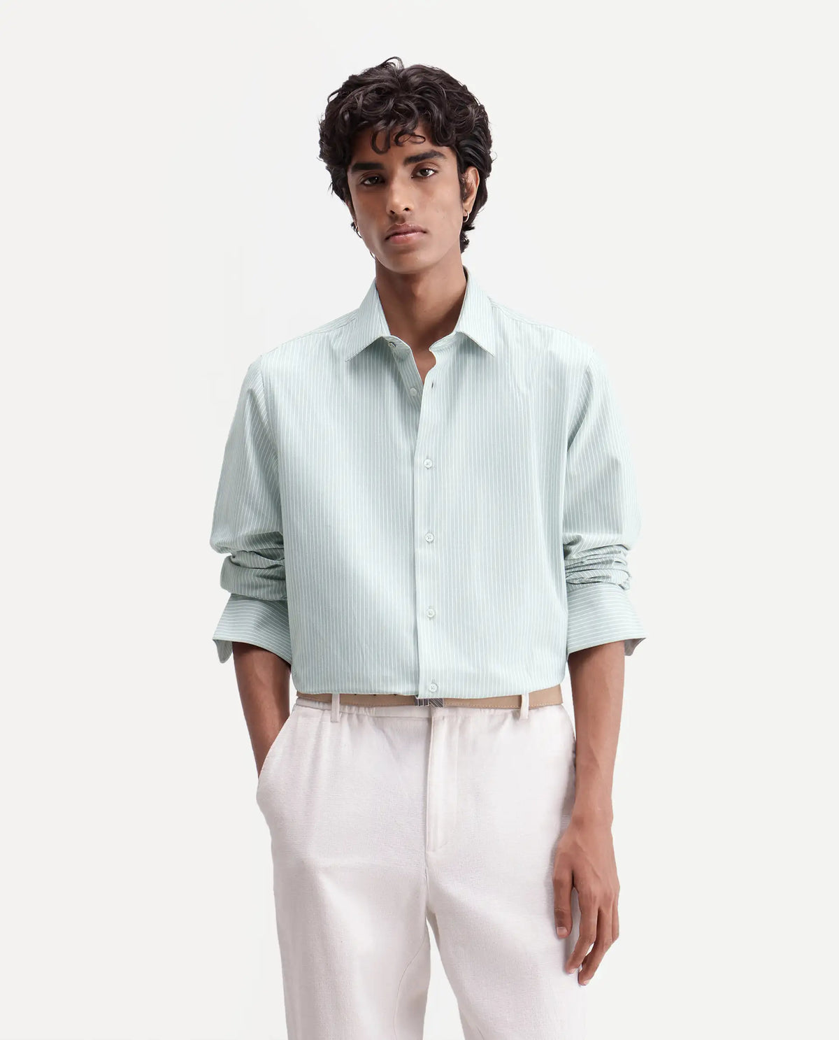 Rare Rabbit Men's Evaro Dusky Green Cotton Blend Spread Collar Button Regular Striped Shirt