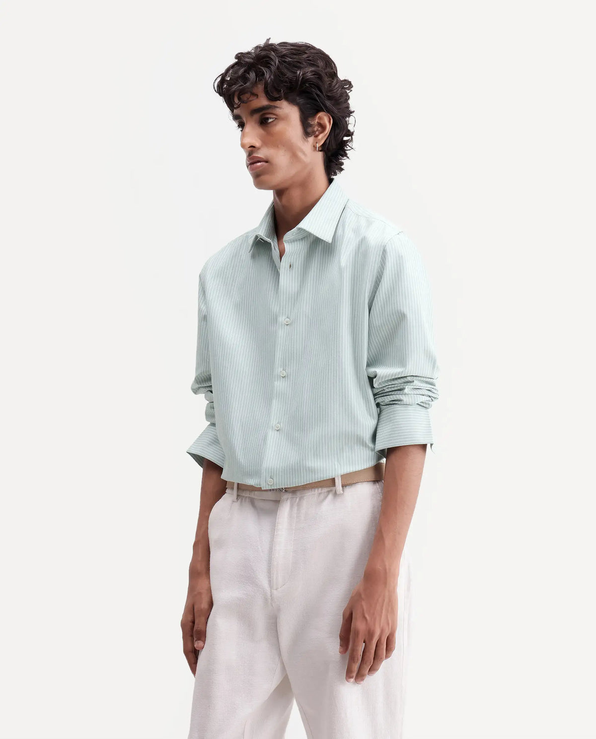 Rare Rabbit Men's Evaro Dusky Green Cotton Blend Spread Collar Button Regular Striped Shirt