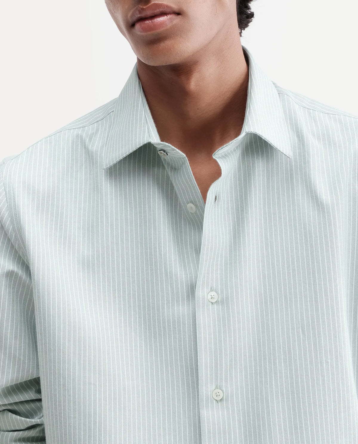 Rare Rabbit Men's Evaro Dusky Green Cotton Blend Spread Collar Button Regular Striped Shirt