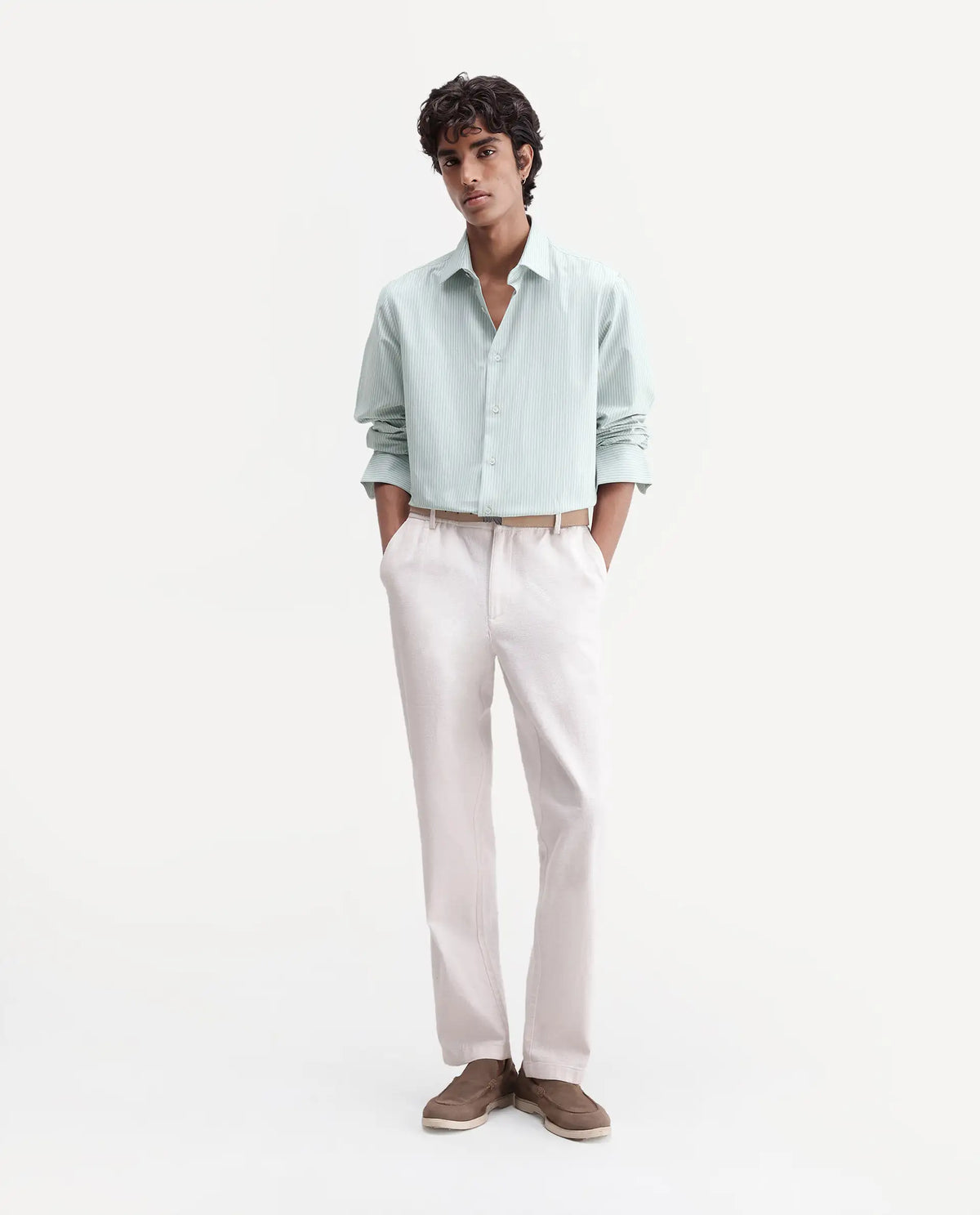 Rare Rabbit Men's Evaro Dusky Green Cotton Blend Spread Collar Button Regular Striped Shirt