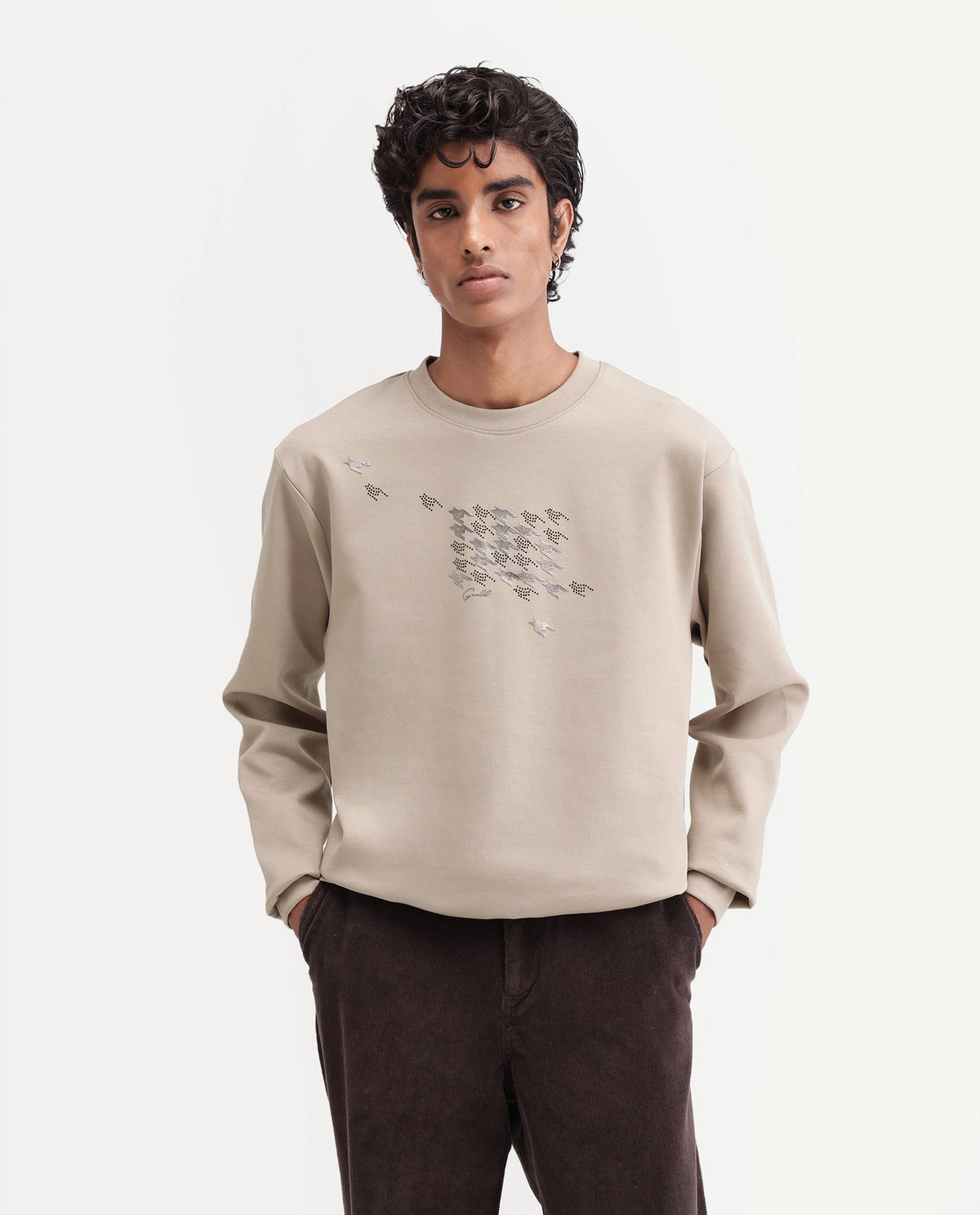 Rare Rabbit Men's Flet Dusky Beige Cotton Blend Crew Neck Regular Branding Sweatshirt
