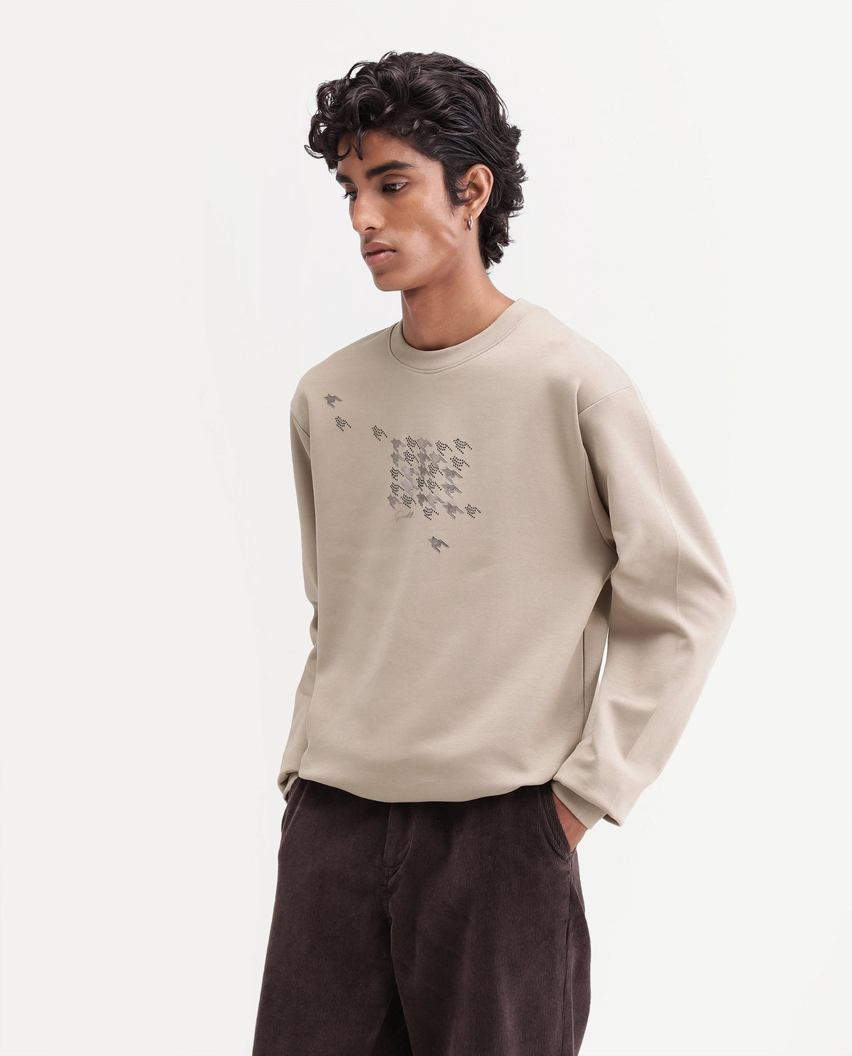 Rare Rabbit Men's Flet Dusky Beige Cotton Blend Crew Neck Regular Branding Sweatshirt