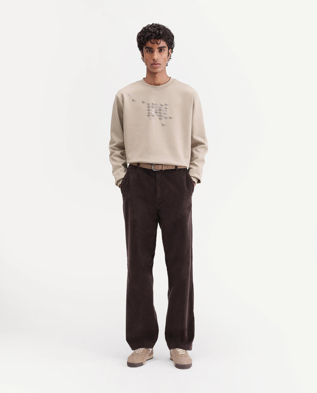 Rare Rabbit Men's Flet Dusky Beige Cotton Blend Crew Neck Regular Branding Sweatshirt