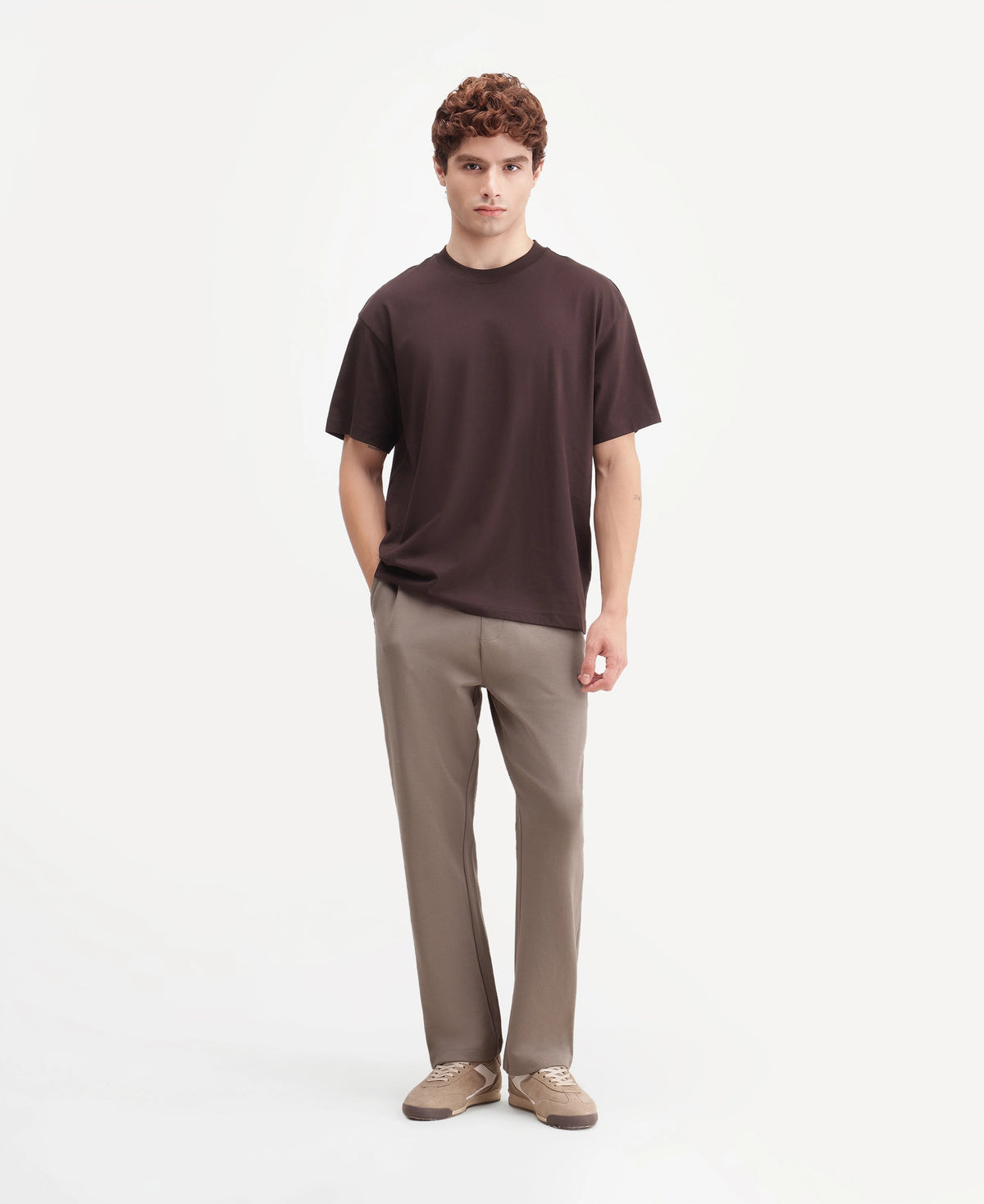 Rare Rabbit Men's Dali Dark Beige Cotton Blend Regular Plain Track Pant