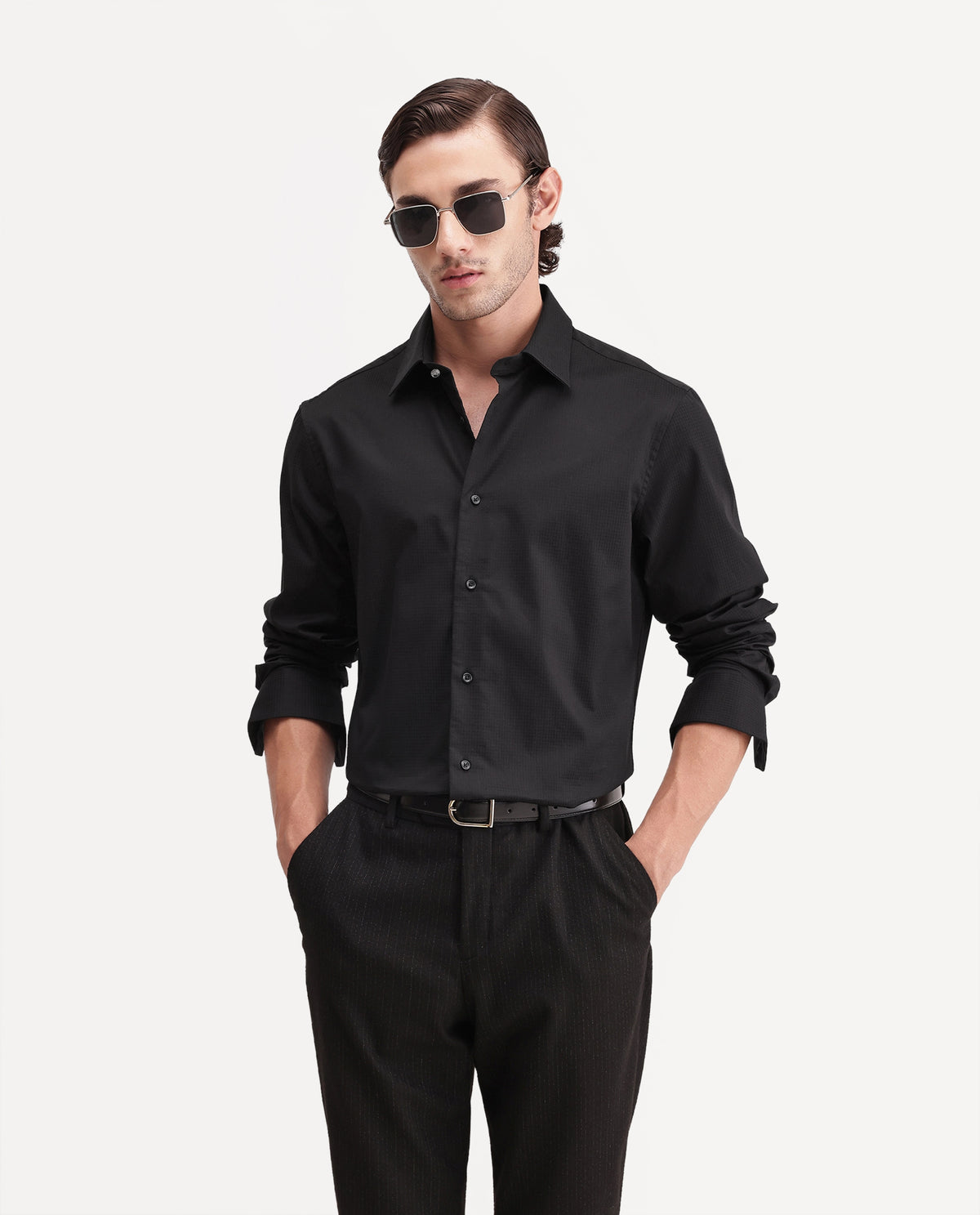 Rare Rabbit Men's Cent Primary Black Cotton Spread Collar Regular Plain Shirt