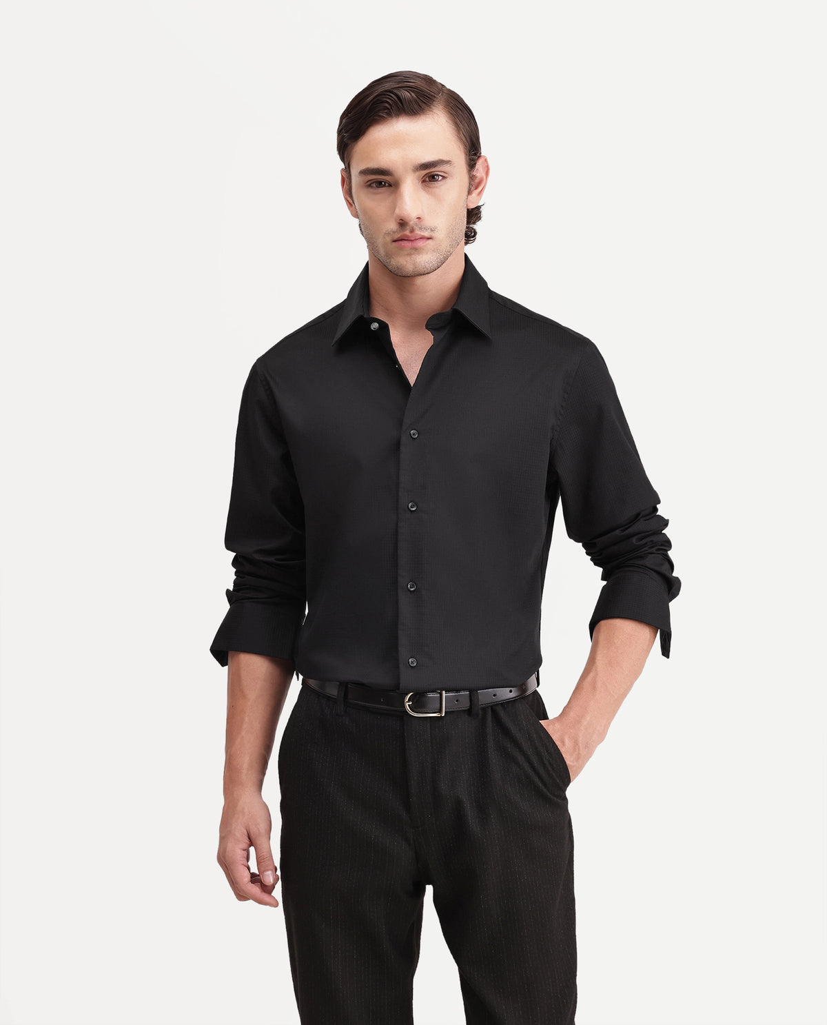Rare Rabbit Men's Cent Primary Black Cotton Spread Collar Regular Plain Shirt