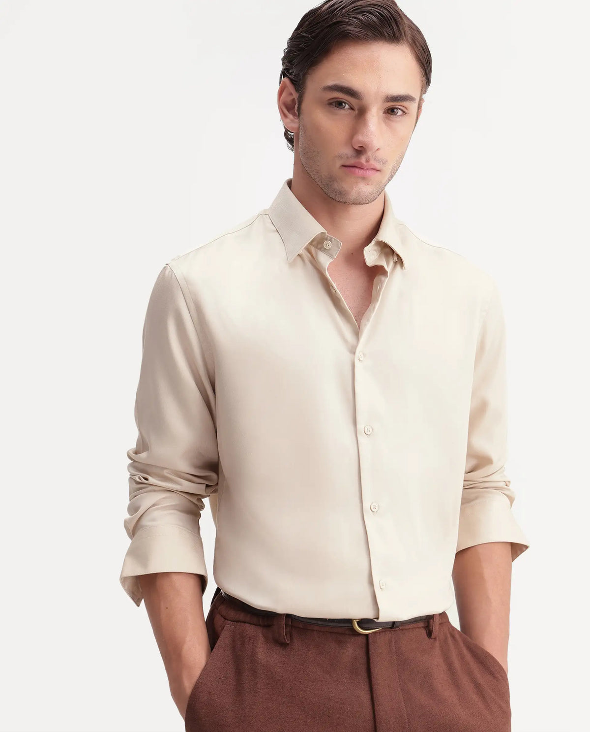 Rare Rabbit Men's Plit Primary Beige Tencel Spread Collar Regular Plain Shirt