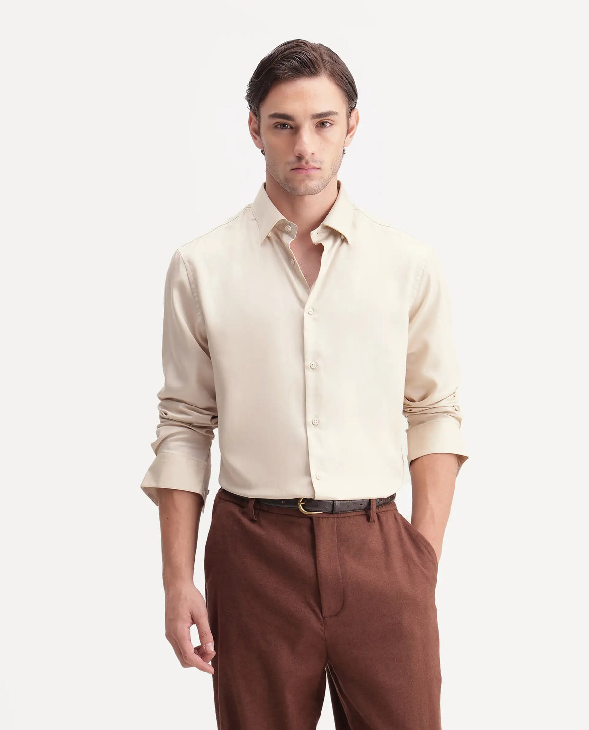 Rare Rabbit Men's Plit Primary Beige Tencel Spread Collar Regular Plain Shirt
