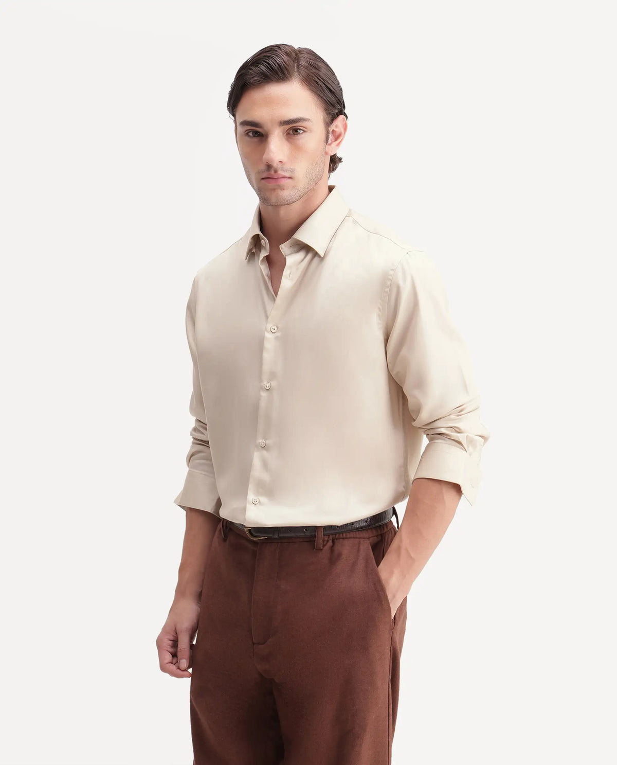 Rare Rabbit Men's Plit Primary Beige Tencel Spread Collar Regular Plain Shirt