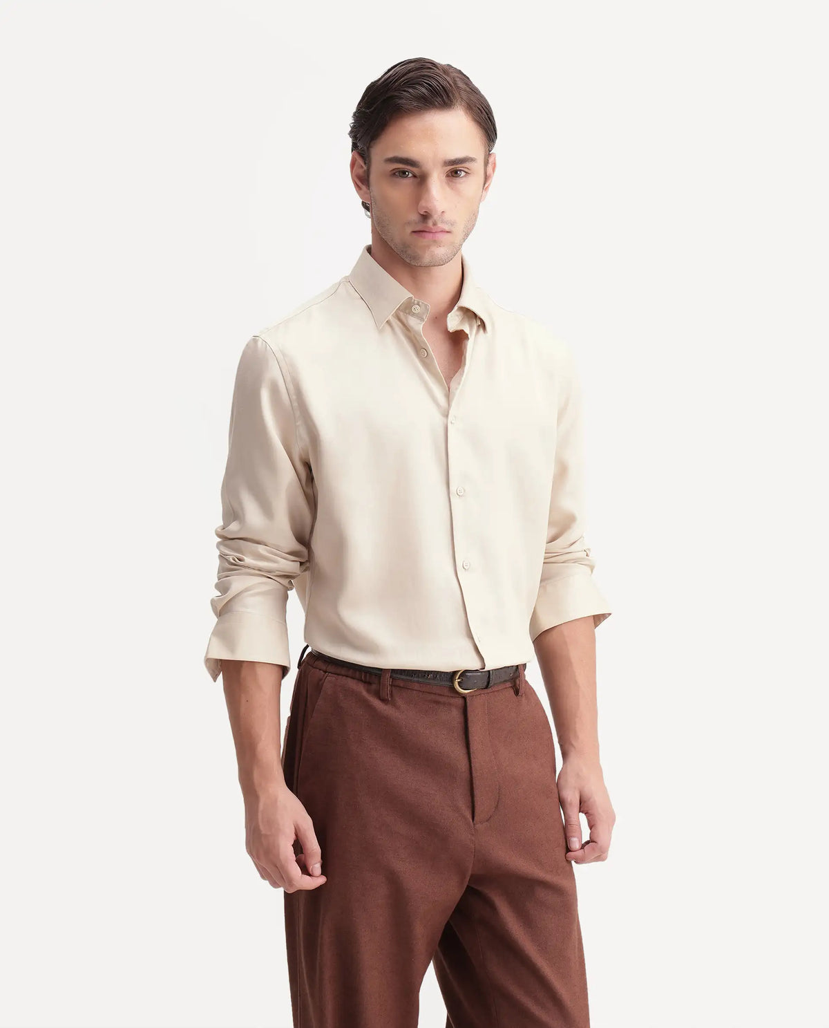Rare Rabbit Men's Plit Primary Beige Tencel Spread Collar Regular Plain Shirt
