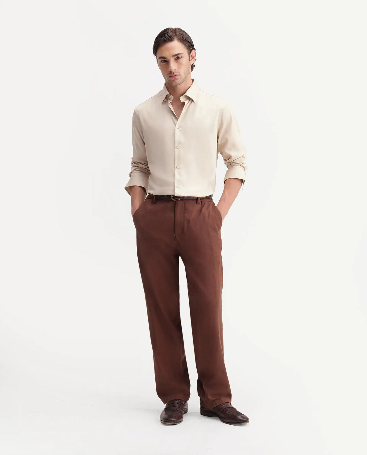 Rare Rabbit Men's Plit Primary Beige Tencel Spread Collar Regular Plain Shirt
