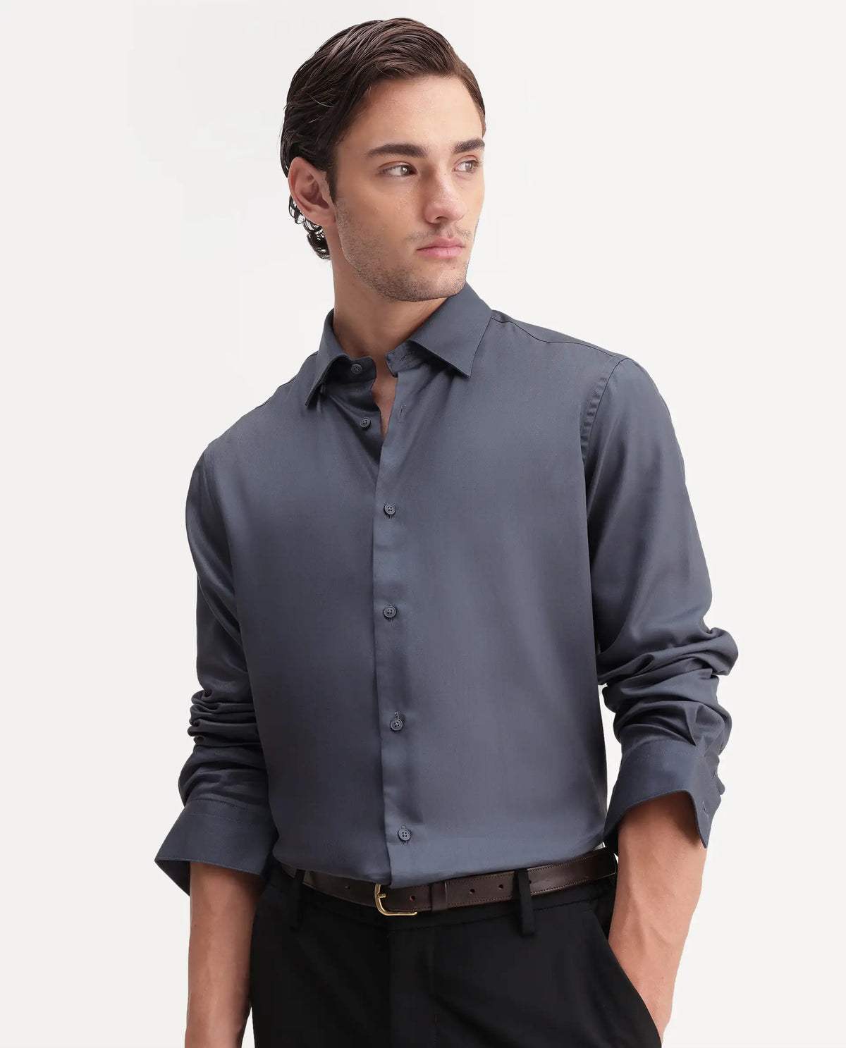 Rare Rabbit Men's Plit Dark Grey Tencel Spread Collar Regular Plain Shirt
