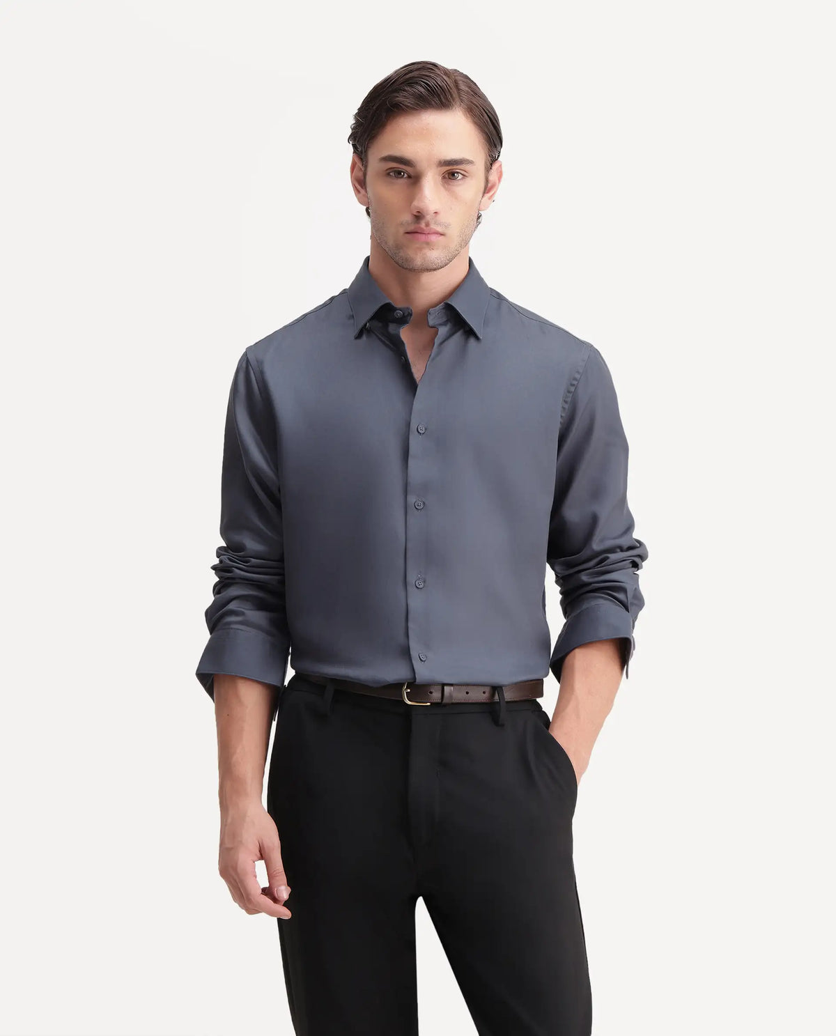 Rare Rabbit Men's Plit Dark Grey Tencel Spread Collar Regular Plain Shirt