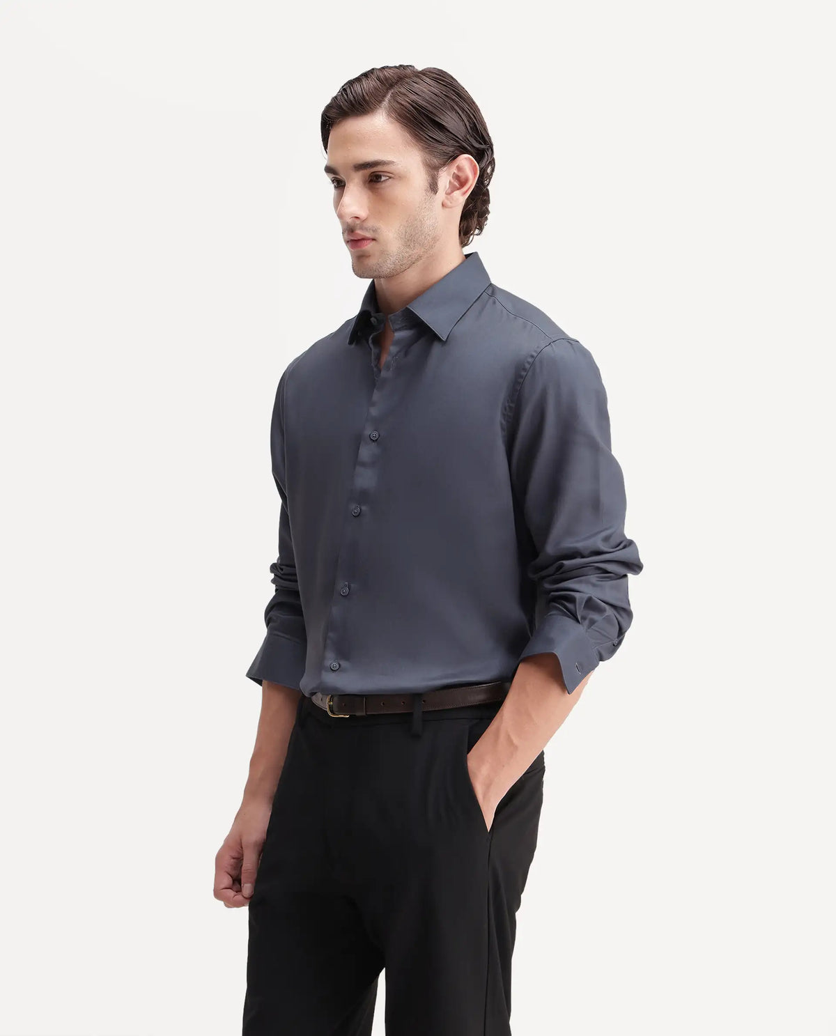 Rare Rabbit Men's Plit Dark Grey Tencel Spread Collar Regular Plain Shirt