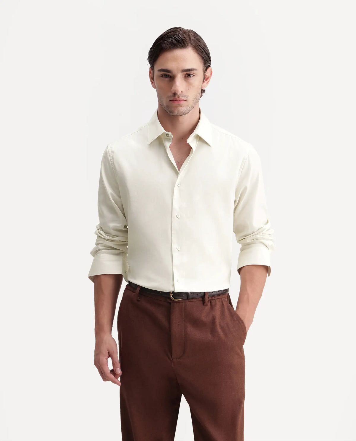 Rare Rabbit Men's Miru Primary Off White Cotton Spread Collar Regular Plain Shirt