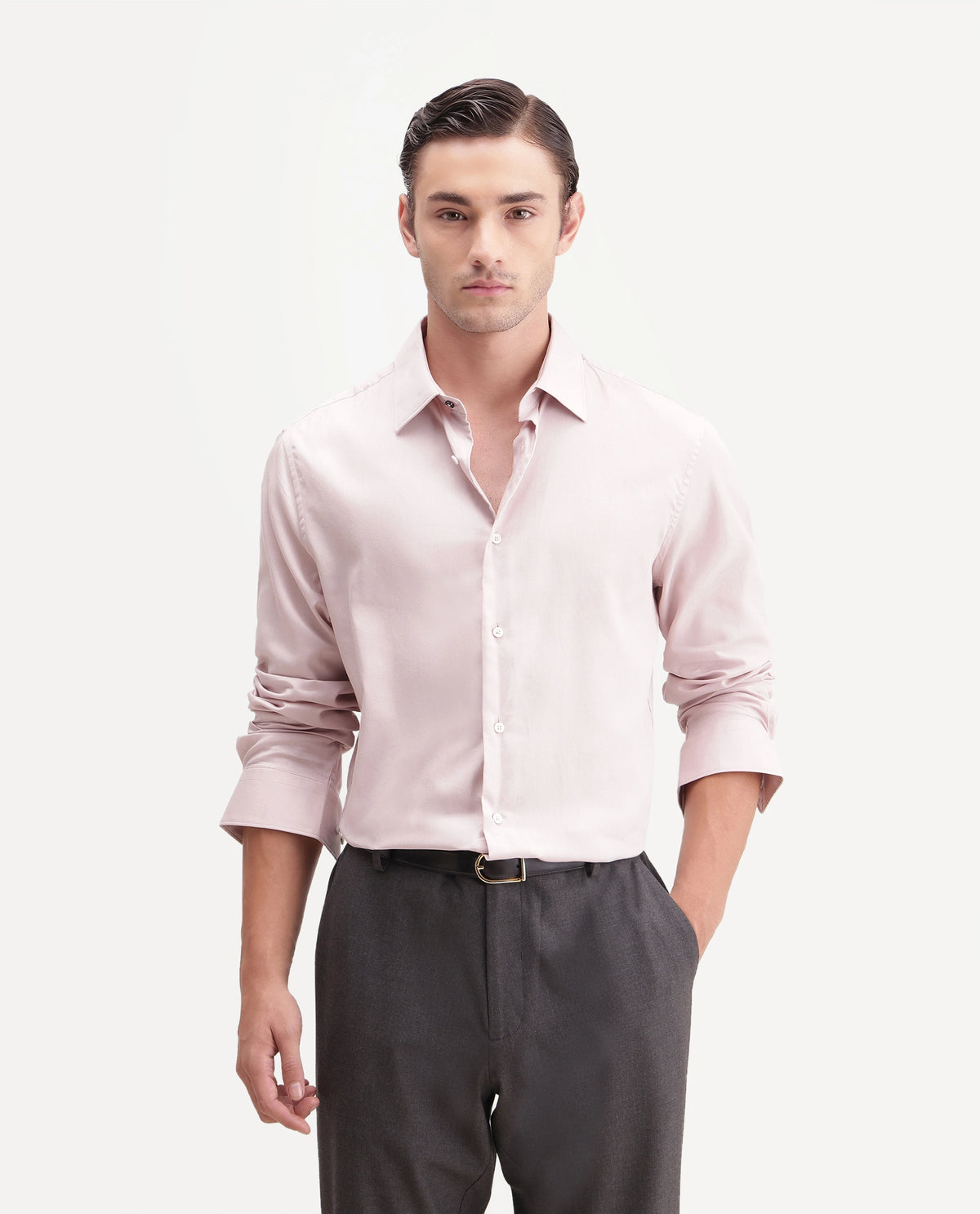 Rare Rabbit Men's Miru Light Pink Cotton Spread Collar Regular Plain Shirt