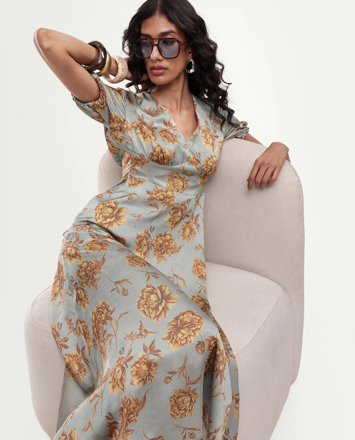 Rareism Women's Falo Pastel Blue Polyester Button And Zip Fit And Flare Floral Print Dress