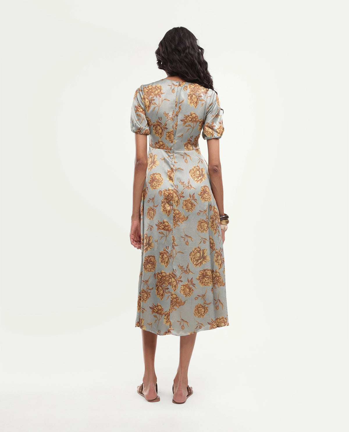 Rareism Women's Falo Pastel Blue Polyester Button And Zip Fit And Flare Floral Print Dress