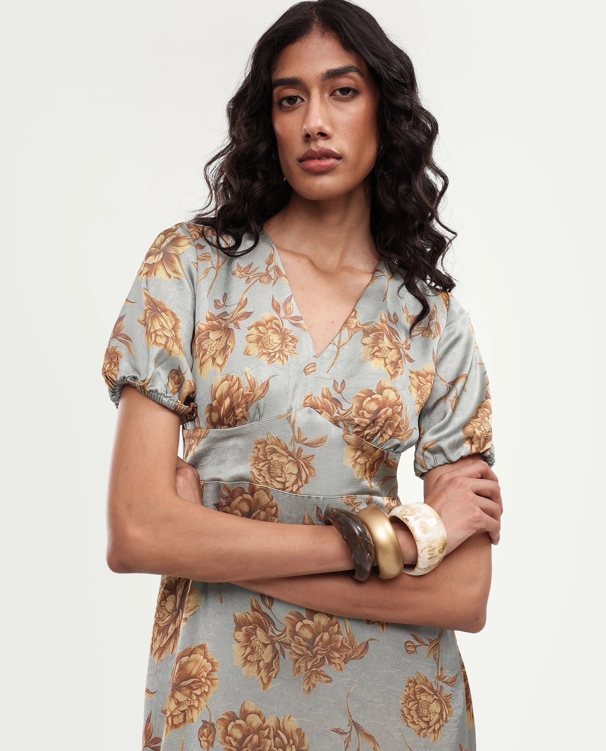 Rareism Women's Falo Pastel Blue Polyester Button And Zip Fit And Flare Floral Print Dress