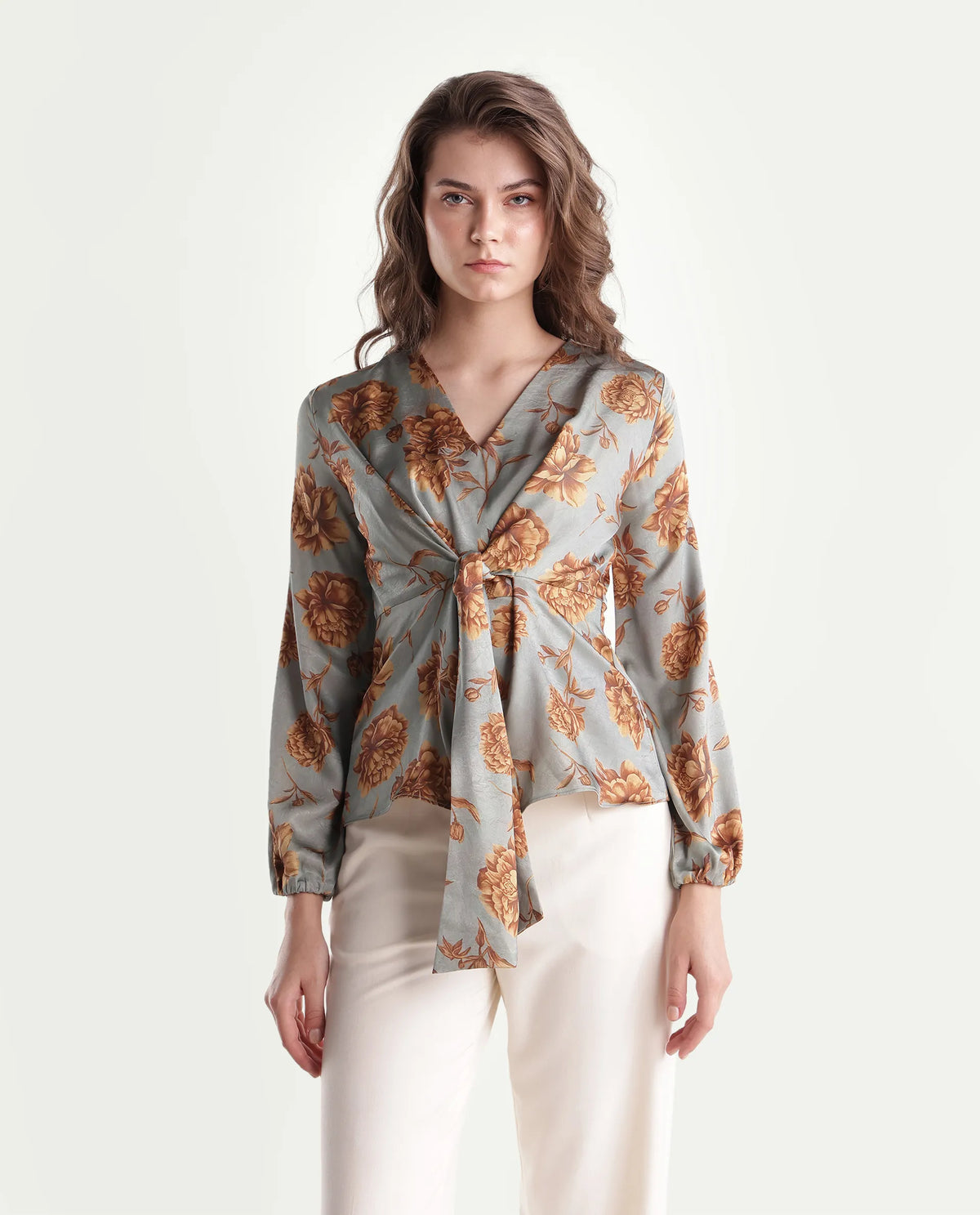 Rareism Women's Falon Pastel Blue Polyester Pull-On Wrap Floral Print Top