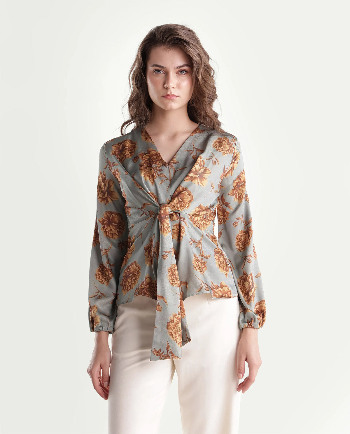 Rareism Women's Falon Pastel Blue Polyester Pull-On Wrap Floral Print Top