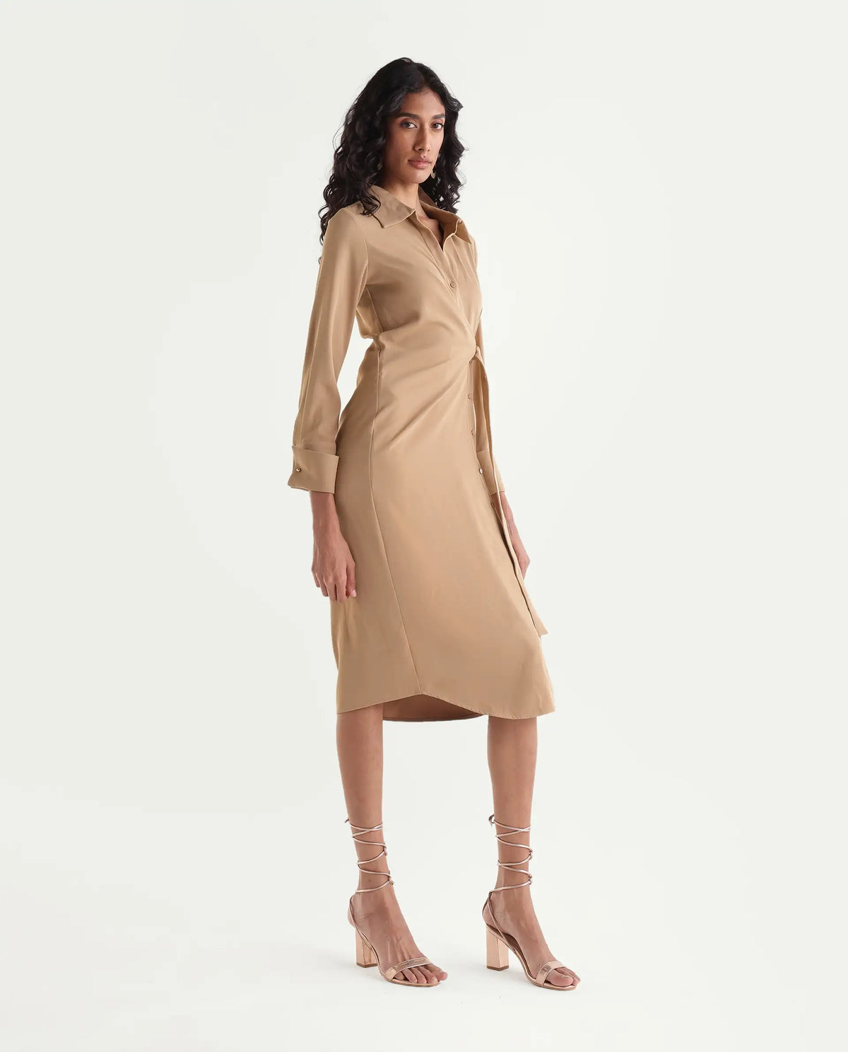 Rareism Women's Yaron Beige Polyester Button Regular Fit Dress