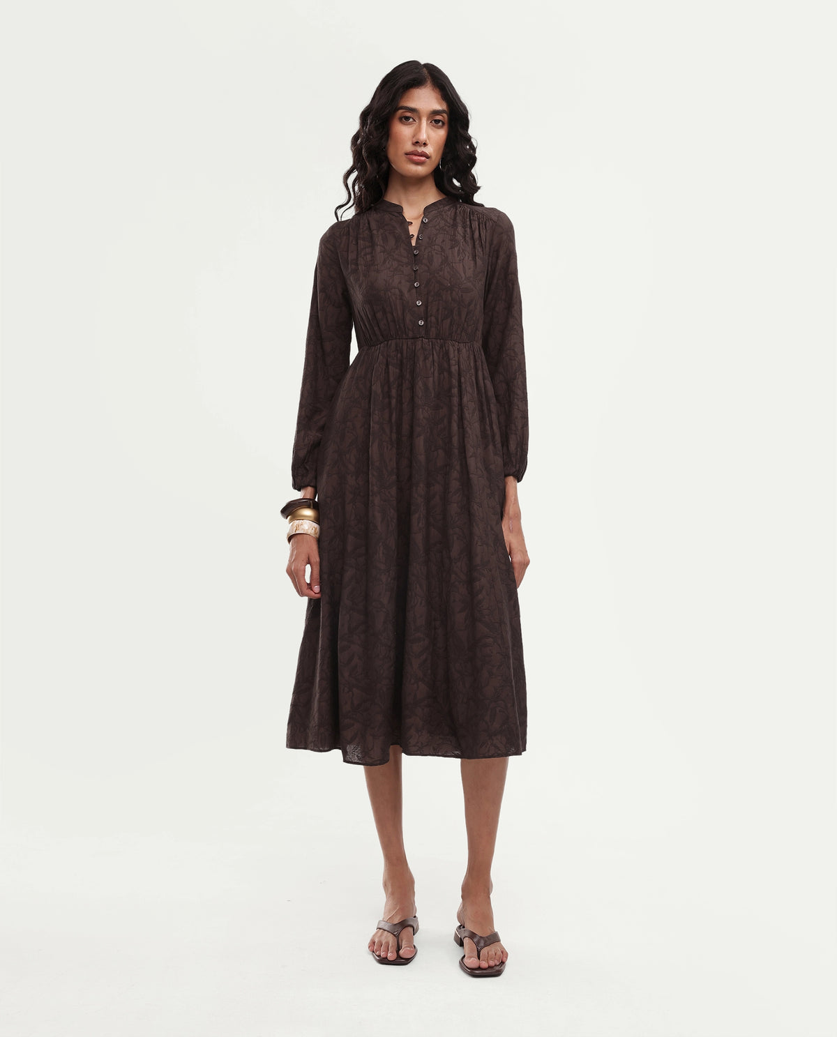 Rareism Women's Yustom Brown Viscose Blend Button Fit And Flare Dress