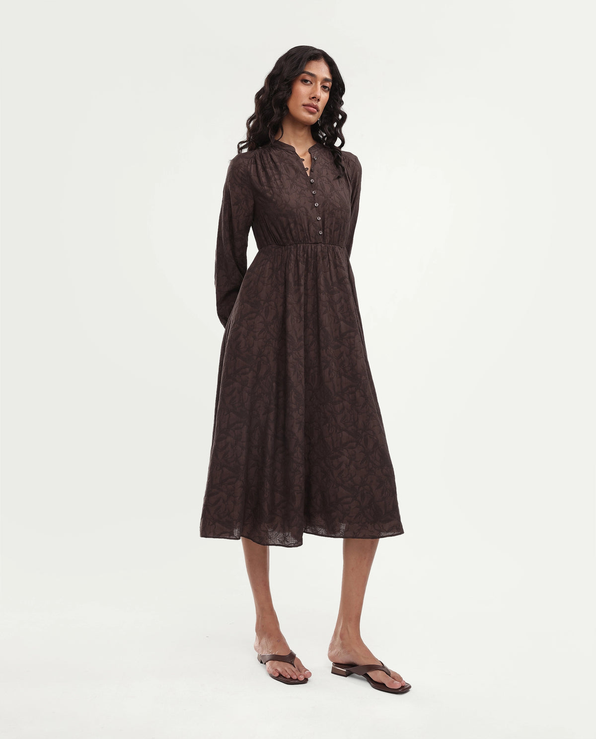 Rareism Women's Yustom Brown Viscose Blend Button Fit And Flare Dress