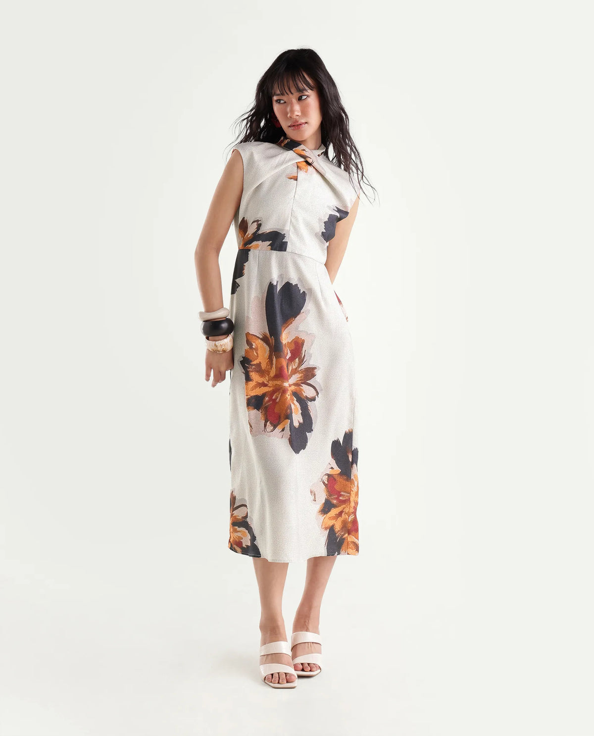 Rareism Women's Imara Beige Polyester Regular Fit Floral Print Dress