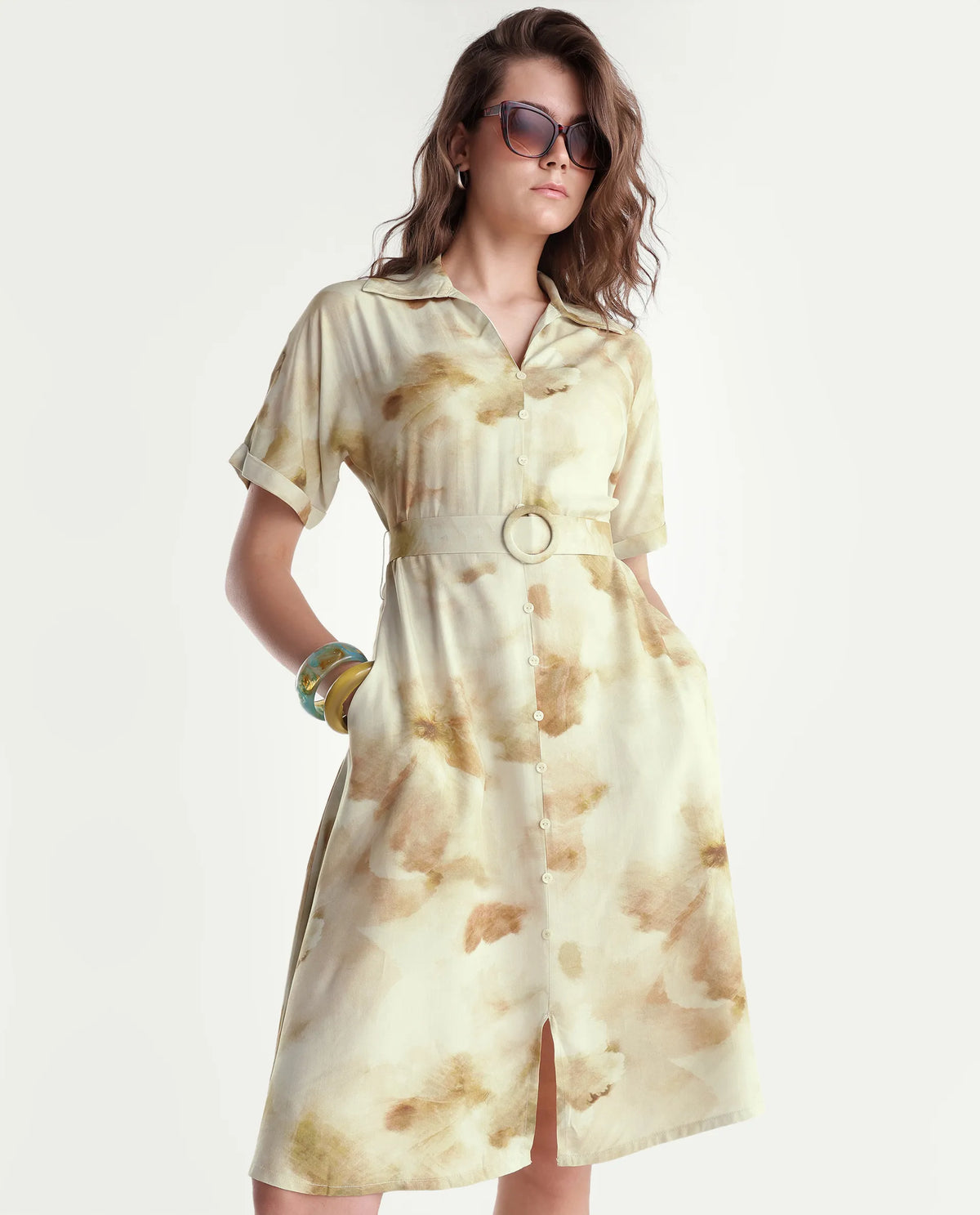 Rareism Women's Slate Olive Viscose Pull-On A-Line Abstract Print Dress