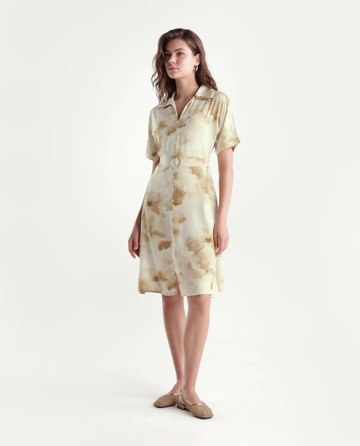 Rareism Women's Slate Olive Viscose Pull-On A-Line Abstract Print Dress