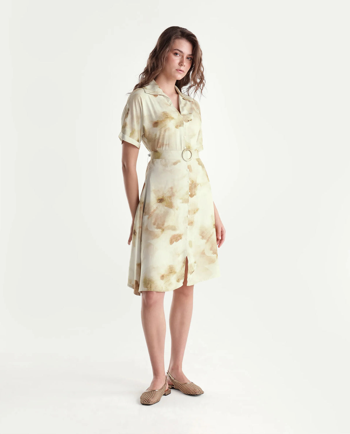 Rareism Women's Slate Olive Viscose Pull-On A-Line Abstract Print Dress